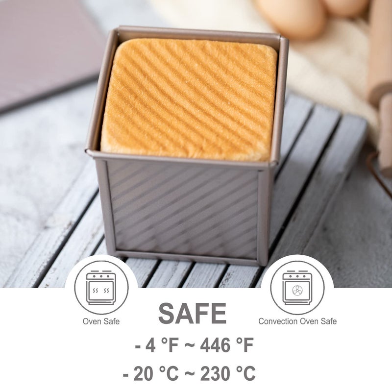 CHEFMADE Mini Pullman Loaf Pan with Lid, 0.55Lb Dough Capacity Non-Stick Rectangle Corrugated Toast Box for Oven Baking 3.9" x 3.9"x 3.9"(Champagne Gold) - Image 4